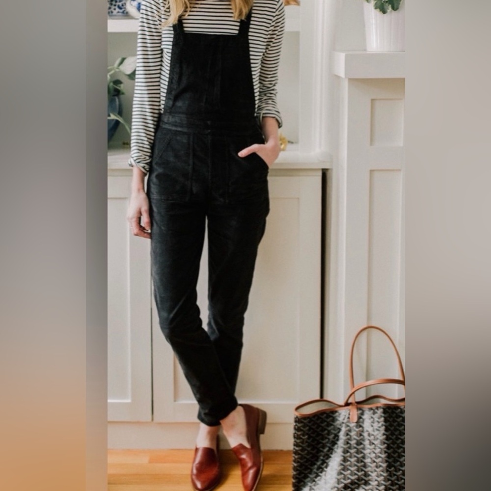 J. Crew Velvet Like Black Overalls Jumpsuit Sz. 6. Side Zip. Adjustable Straps.